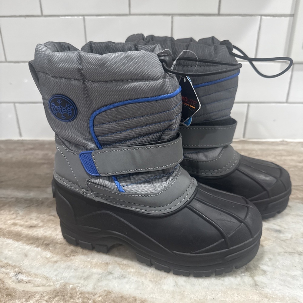 Totes Teton Boys Black Snow Boots Size 1 Waterproof Shell Slipon Hook & Loop NEW